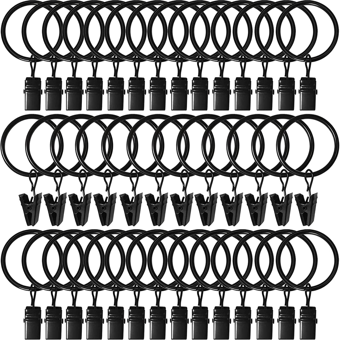 AMZSEVEN 40 Pack Curtain Rings with Clips, Drapery Clips with Rings, Drapes Rings 1.26 in Interior Diameter, Fits up to 1 in Curtain Rod, Black