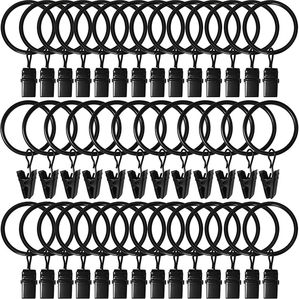 AMZSEVEN 40 Pack Curtain Rings with Clips, Drapery Clips with Rings, Drapes Rings 1.26 in Interior Diameter, Fits up to 1 in Curtain Rod, Black