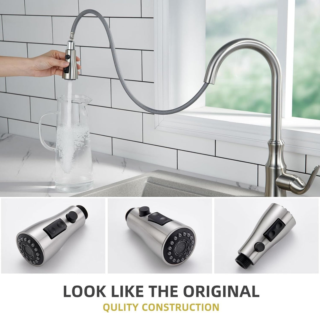 Angle Simple Kitchen Faucet Head Replacement, Sink Faucet Sprayer Attachment, Stream Spray and Pause Mode, Brushed Nickel