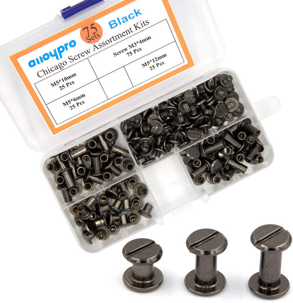 Alloypro 75 Sets Chicago Screws Assorted Kit 3 Sizes Gun Meta Leather Rivets 1/4 3/8 1/2 Screw Rivets Flat Fillister Book Binding Posts Nail Rivet Chicago Bolts for DIY Leather Craft (5 X 6,10,12)