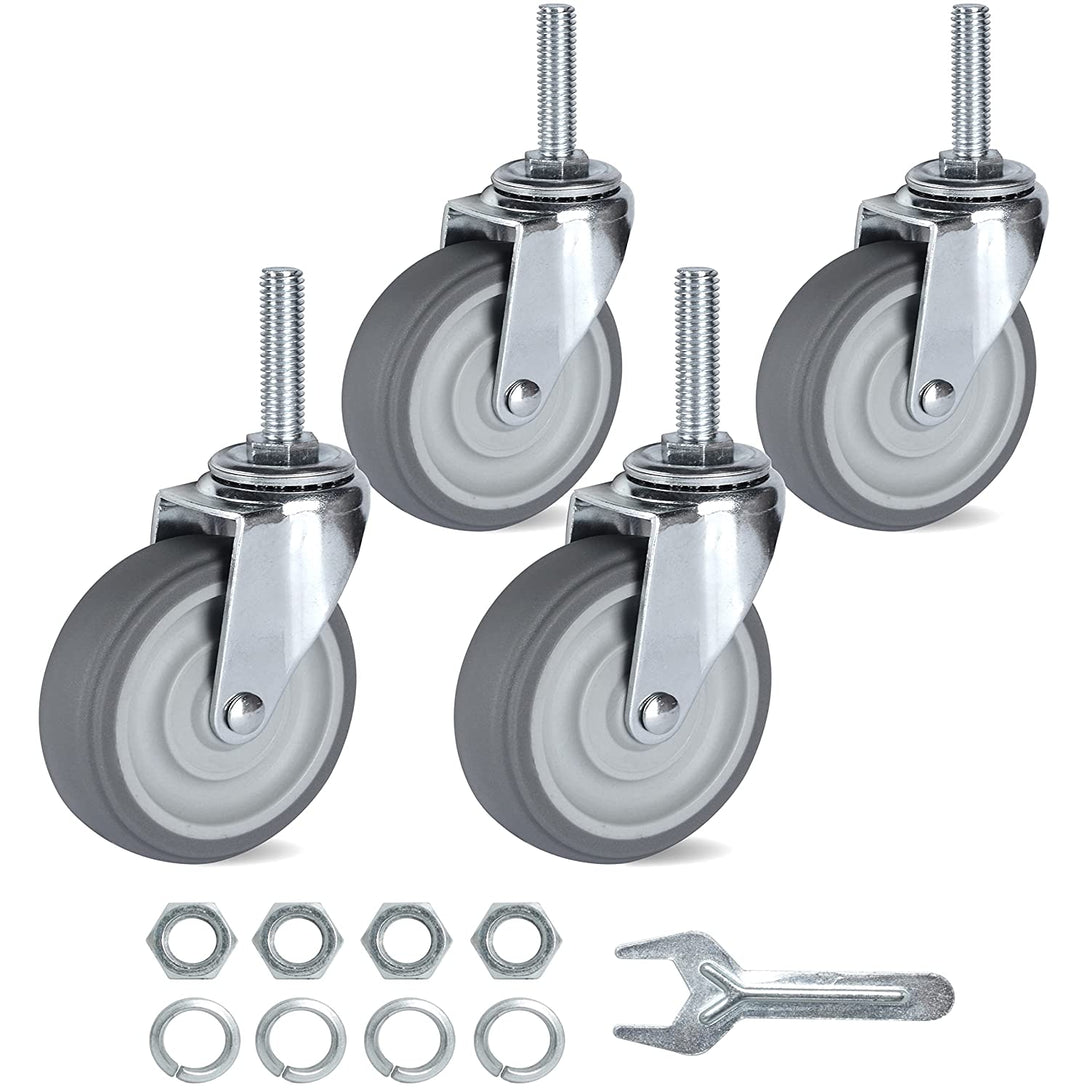 Finnhomy Caster Wheels 3 Inch Set of 4 Heavy Duty Threaded Stem Casters 3/8"-16 X 1-1/2" Swivel Rubber Industrial Castors Premium Wheels for Wire Shelving/Furniture/Carts Load Bearing 720 Lbs Gray