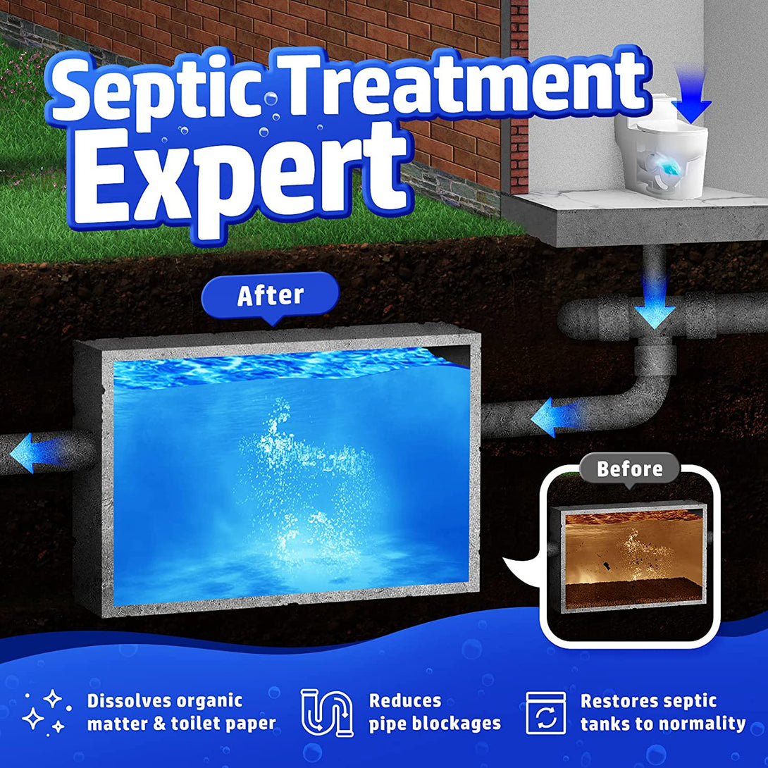 Vacplus Septic Tank Treatment 12 Pcs for 1-Year Supply, Dissolvable Packs with Easy Operation, Durable Biodegradable Enzymes for Wastes, Greases & Odors, Blue, 2X Efficiency