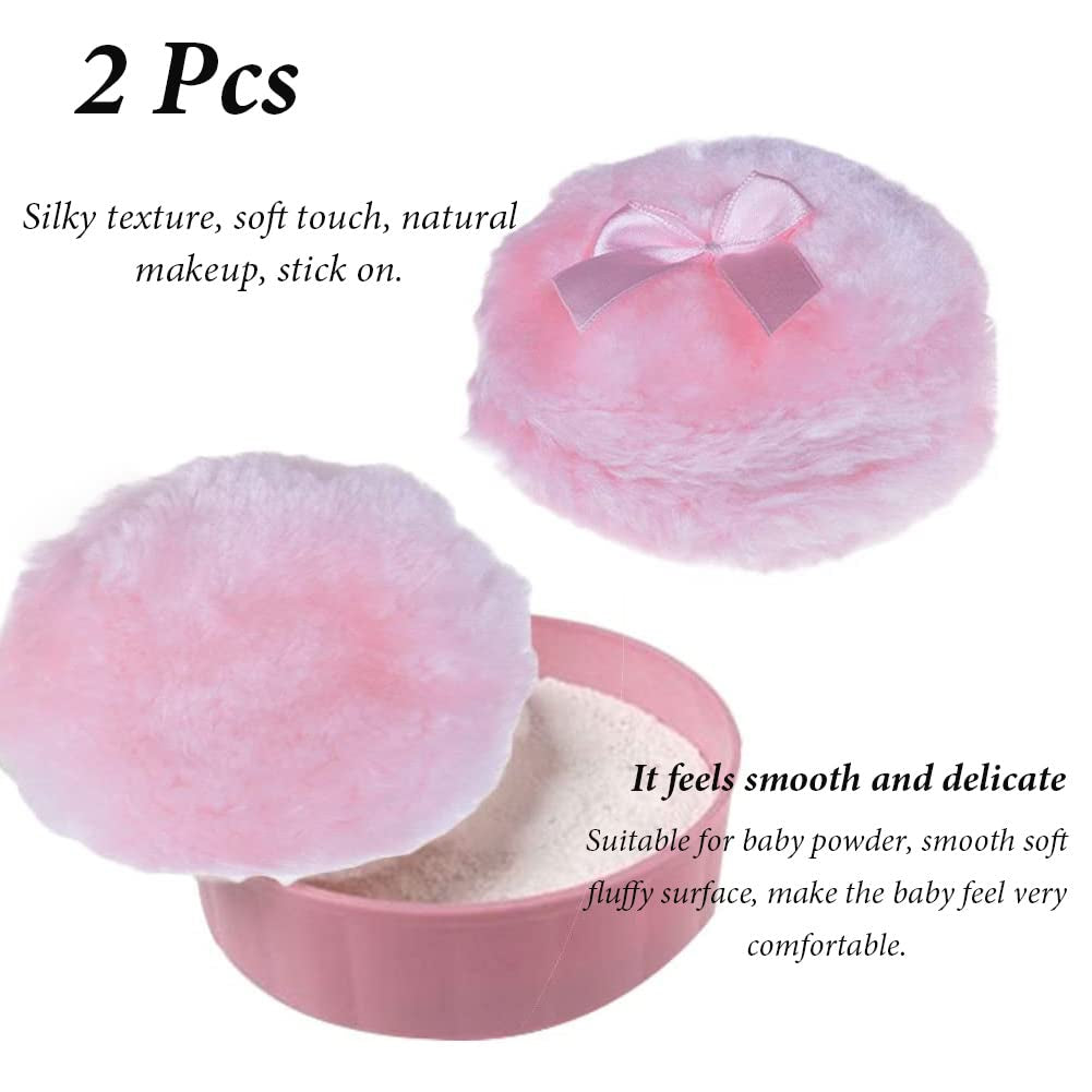 AKOAK 2 Pieces Large Fluffy Powder Puff, 4 "Super Soft Washable Reusable Fluffy Velvet Face Beauty Sponge, Ladies Only, with Bow, for Face and Body, Infants and Adults - Pink