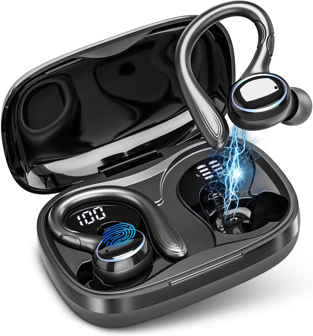 Wireless Earbuds Bluetooth 5.3 Headphones Stereo Ear Buds, ENC Noise Cancelling Mic,Ipx7 Waterproof Earphones with Hook for Android Ios Smart Phone Laptop Computer Sports - Black