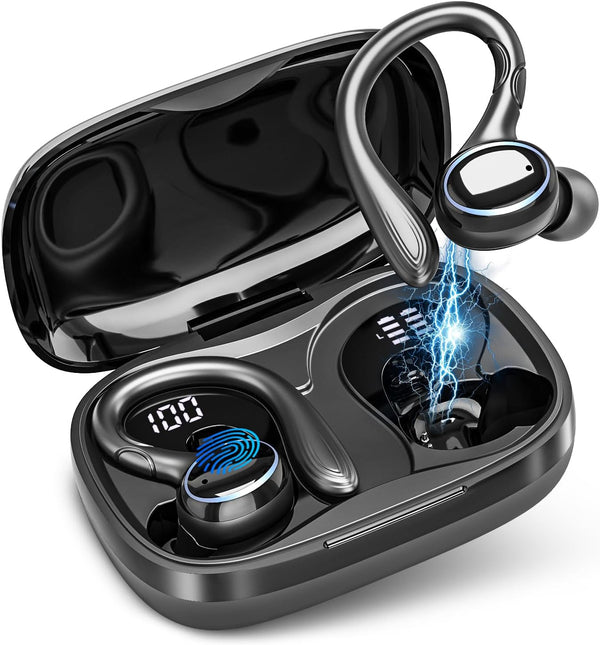 Wireless Earbuds Bluetooth 5.3 Headphones Stereo Ear Buds, ENC Noise Cancelling Mic,Ipx7 Waterproof Earphones with Hook for Android Ios Smart Phone Laptop Computer Sports - Black