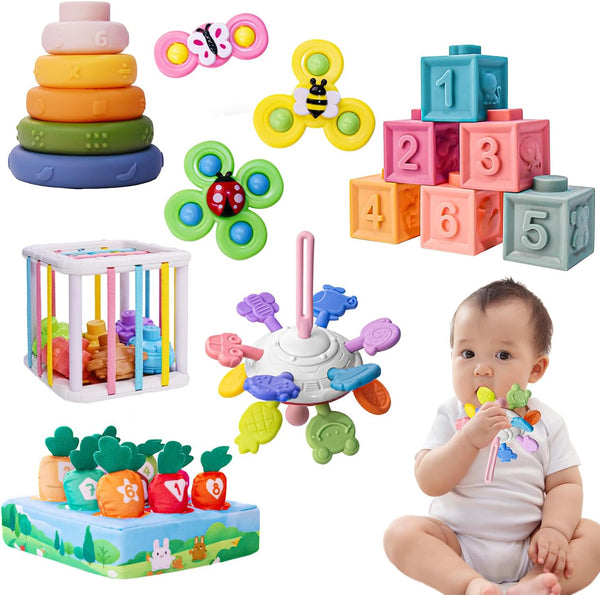 Baby Toys 6-12 Months, Montessori Toys for 1 Years Old, 6-In-1 Set Infant Toys with Sensory Toys, Spinner Toys for Babies, Baby Blocks, Stacking Toys, Learning Toys Gifts for Toddler Newborn, 32PCS