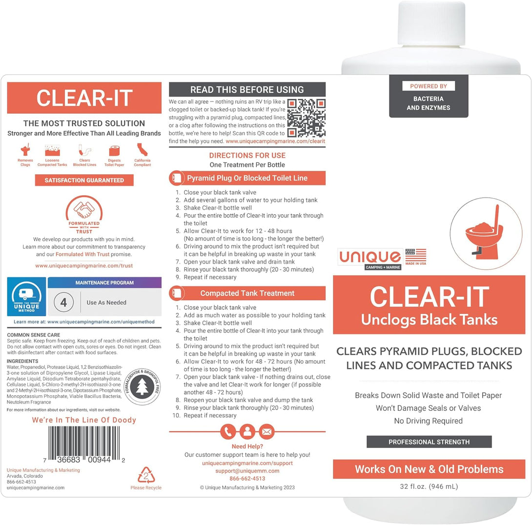 Unique Clear-It RV Black Tank Unclogger Liquid - Unclogs Camper Black Water Holding Tanks, Breaks through Pyramid Plugs, Compacted Tanks, and Clogged Pipes - Formerly Tank Cleaner (32 Oz.)