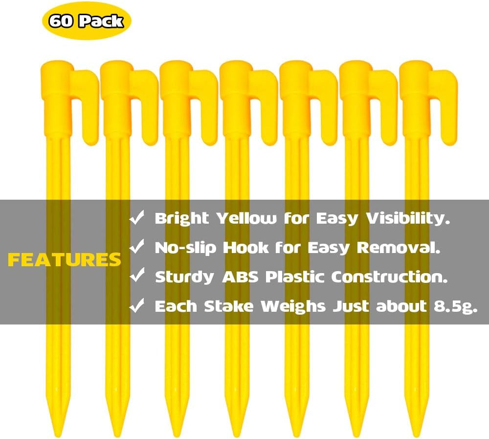 60 Pack Plastic Tent Pegs Garden Landscape Stakes 5.7 Inch for Anchoring Garden Netting, Camping Tents, Rain Tarps and Landscape Fabric Lawn Edging Yellow