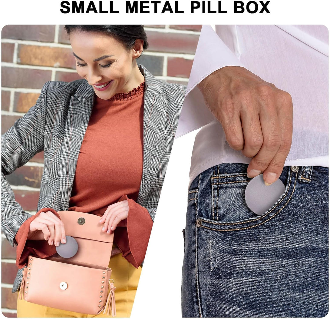 Daily Metal Pill Box Pill Case - Single Waterproof Travel Pill Container round Aluminum Alloy Storage Medicine Organizer Multitool EDC Every Day for Vitamin, Fish Oil Gray Medium Size