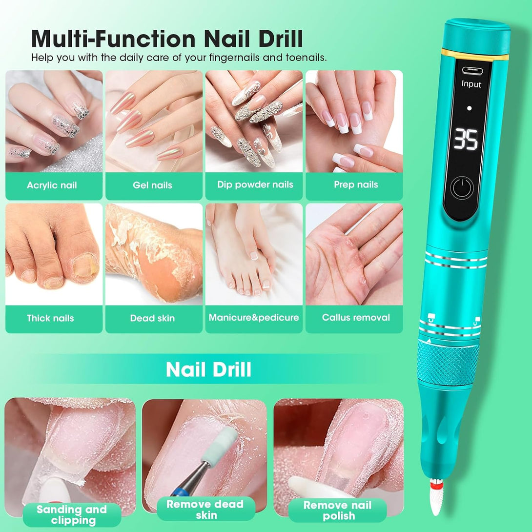 Nail Drill Cordless 35000RPM Rechargeable Professional Electric Nail Drill Kit Wireless Nail File Drill Acrylic Drill for Acrylic Gel Nails Manicure Pedicure Polishing Remover