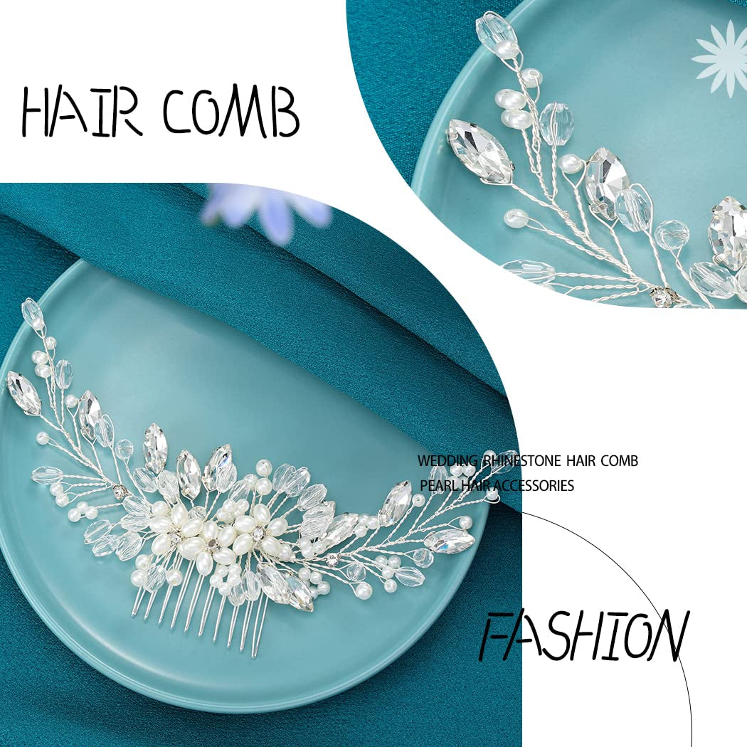 Wedding Hair Combs Silver Flower Hair Comb Pearl Bridal Hair Piece Crystal Bride Hair Accessory for Women and Girls