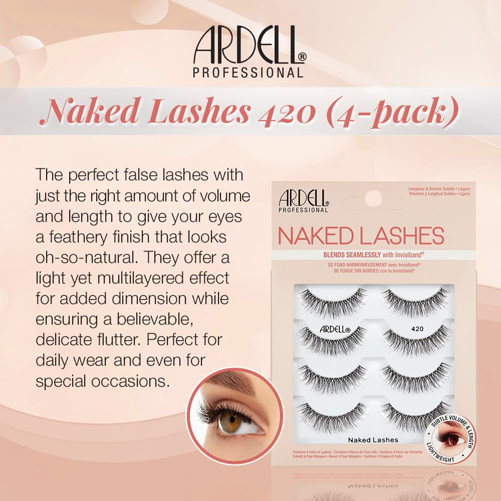 Ardell Naked Lashes 420 Multipack, Lightweight Natural Look, Invisiband for Comfort, Perfect for Everyday Wear, 4-Pairs, 1-Pack