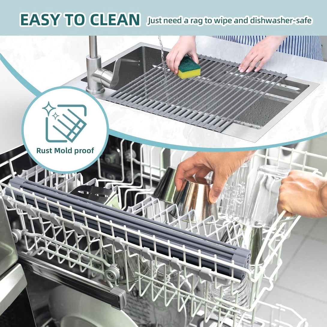 Ohuhu over Sink Dish Drying Rack, Silicone Wrapped 17.6" W X 15.4" L Large over the Sink Roll up Dish Drainer - Foldable Sink Drying Rack Rolling Drain Mats Anti-Slip Multipurpose for Kitchen Counter