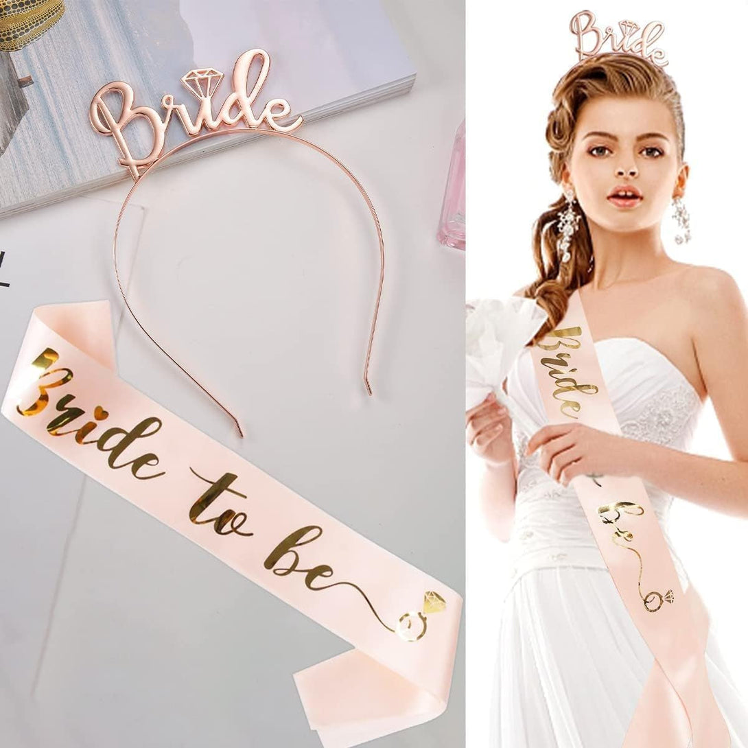 Lecone Bridal Shower Decoration, 5 Pieces Bride to Be Sash and Veil Bride Headband Tiara Garter Bridal Shower Decor Wedding Veil Set Bachelorette Party Accessories, Large, White