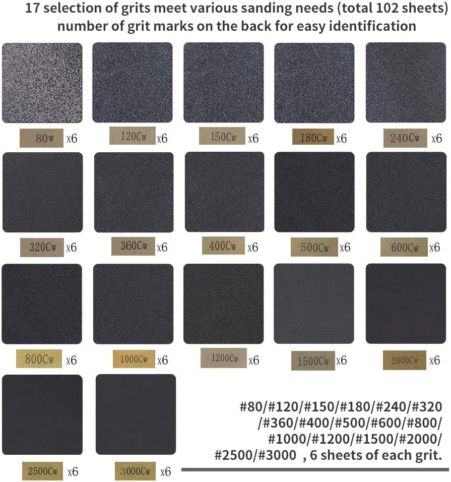 Sandpaper Sand Paper, 102 Pcs Assortment Grit 80/120/150/180/240/320/360/400/500/600/800/1000/1200/1500/2000/2500/3000 Wet Dry Abrasive Sanding Sheets for Automotive Car Wood Metal Glass