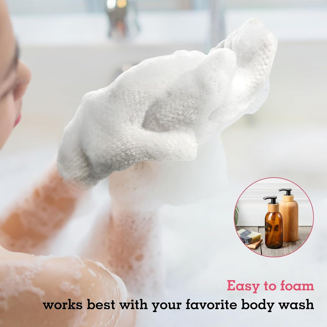 Evridwear Exfoliating Gloves for Shower, 100% Nylon Thick Soft Medium Heavy Bathing Gloves Dead Skin Remover Body Scrubber Smooth Skin with Hang Loop, 3 Pairs Light White