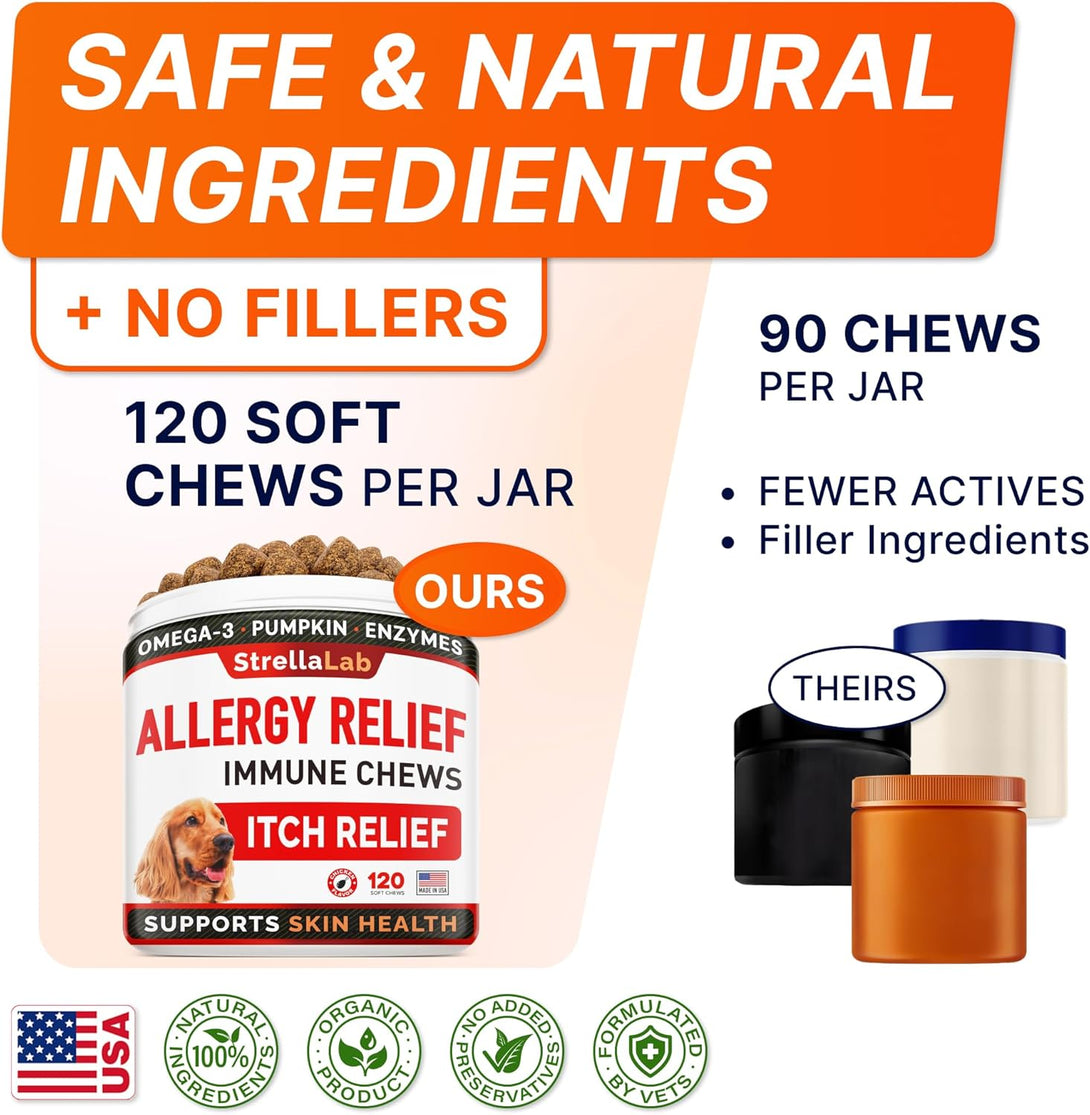 Strellalab Dog Allergy Relief & anti Itch Support Chews W/Omega 3: Real Ingredients, Real Taste! Skin & Coat Immune Supplement W/Fish Oil, Pumpkin & Enzymes — Developed by Experts - Made in USA -120Ct