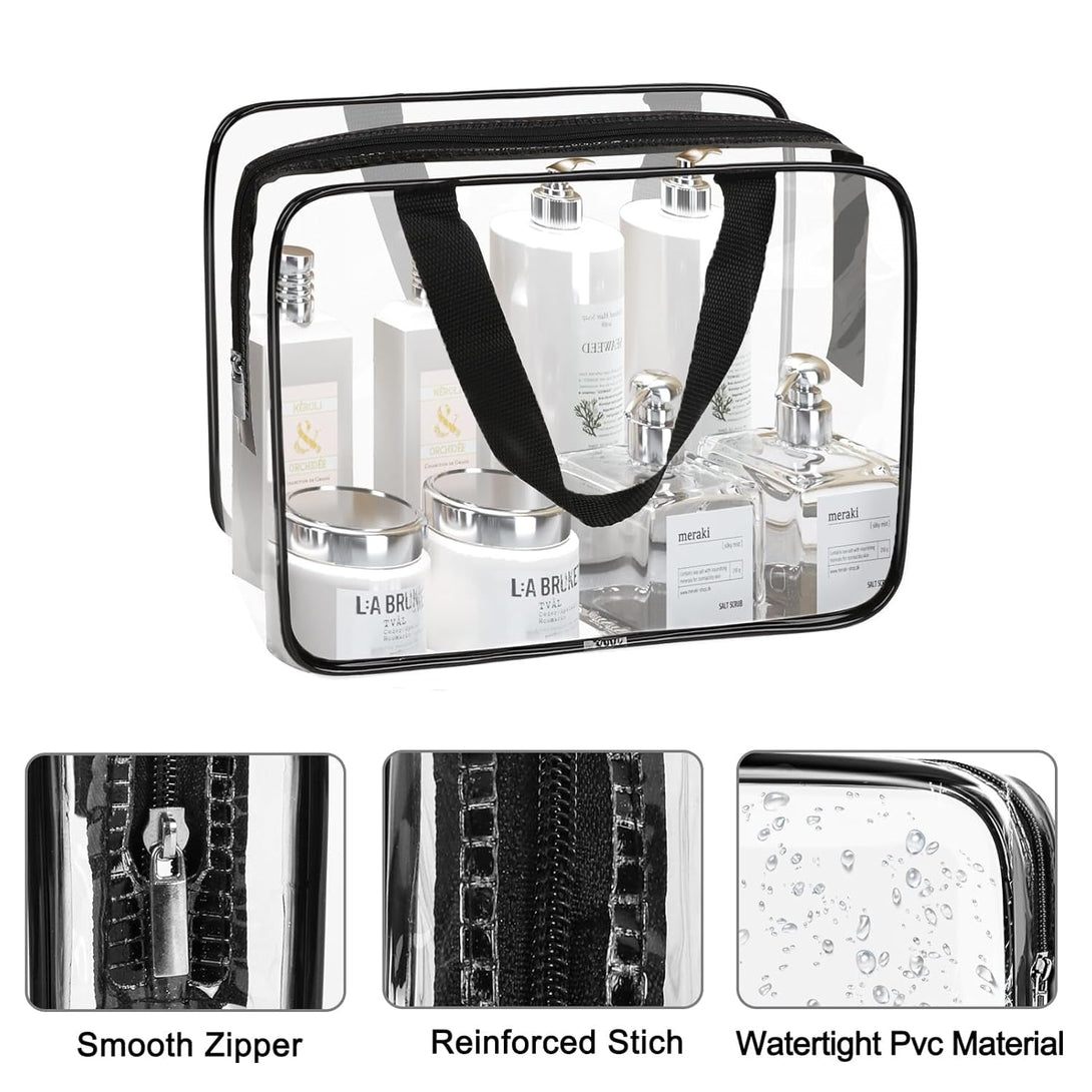 APREUTY Clear Makeup Bags, TSA Approved 3 Pcs Large Cosmetic Makeup Bags Set Clear PVC with Zipper Handle Portable Travel Luggage Pouch Airport Airline Vacation Organization (Black)