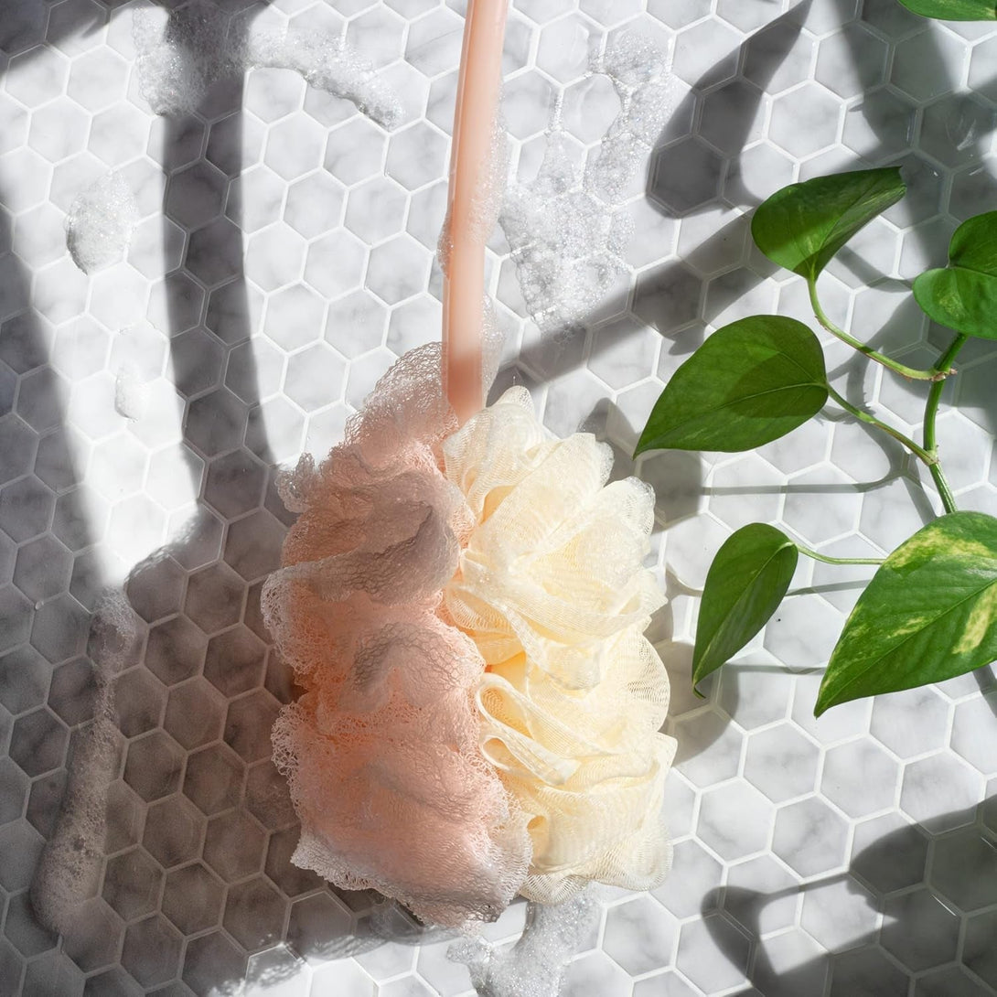 Ecotools 2-In-1 Ecopouf Bath Brush, Loofah Brush for Bath & Shower, with Long Handle & Recycled Netting for Cleansing & Exfoliating, Back Brush for Men & Women, Eco-Friendly & Cruelty-Free, 1 Count