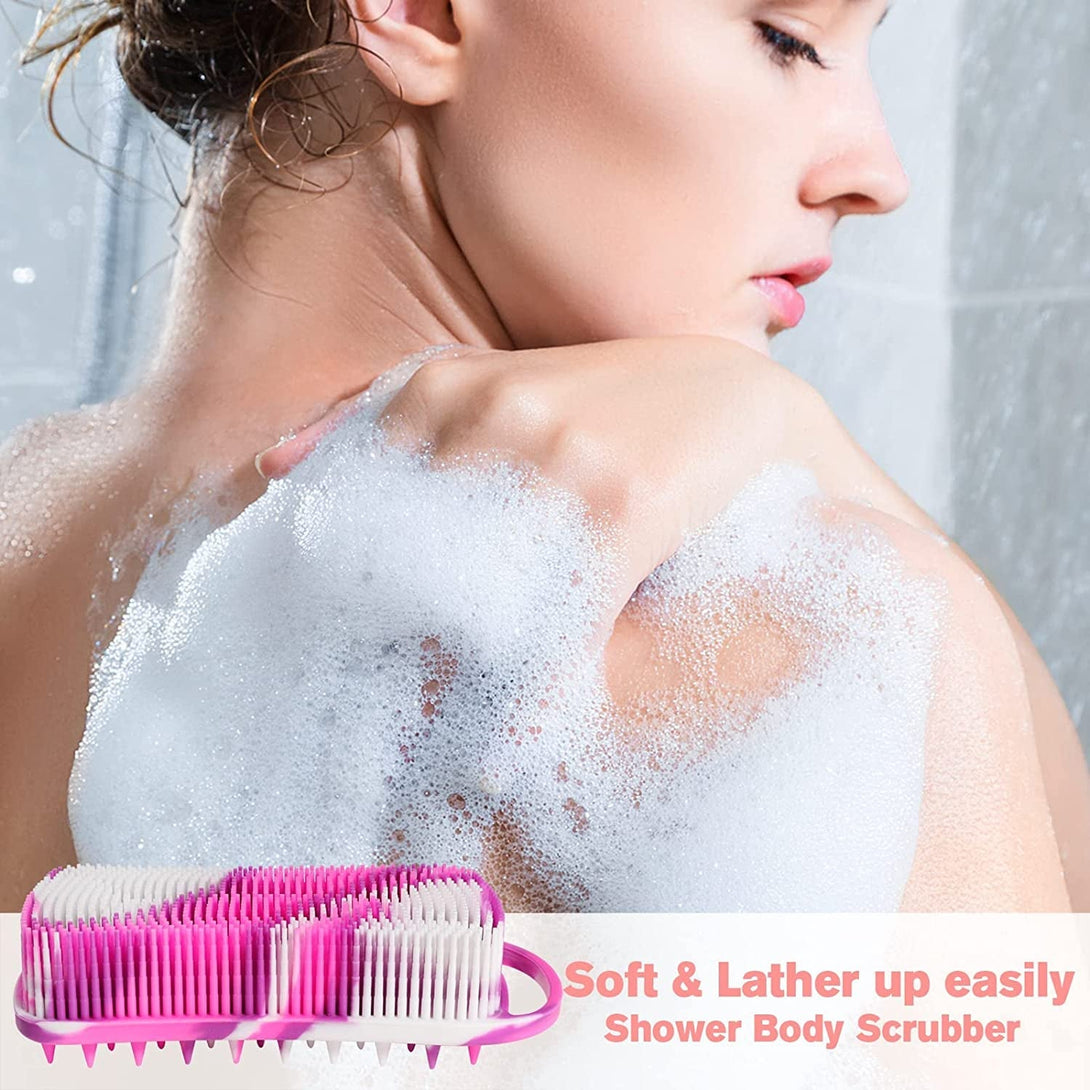 Silicone Body Scrubber, 2 in 1 Body Brush & Hair Scalp Brush for Shower and Bath, Easy Clean, Lathers Well, Stimulating Blood Circulation More Hygienic than Loofah,Women Men.Purple,Green