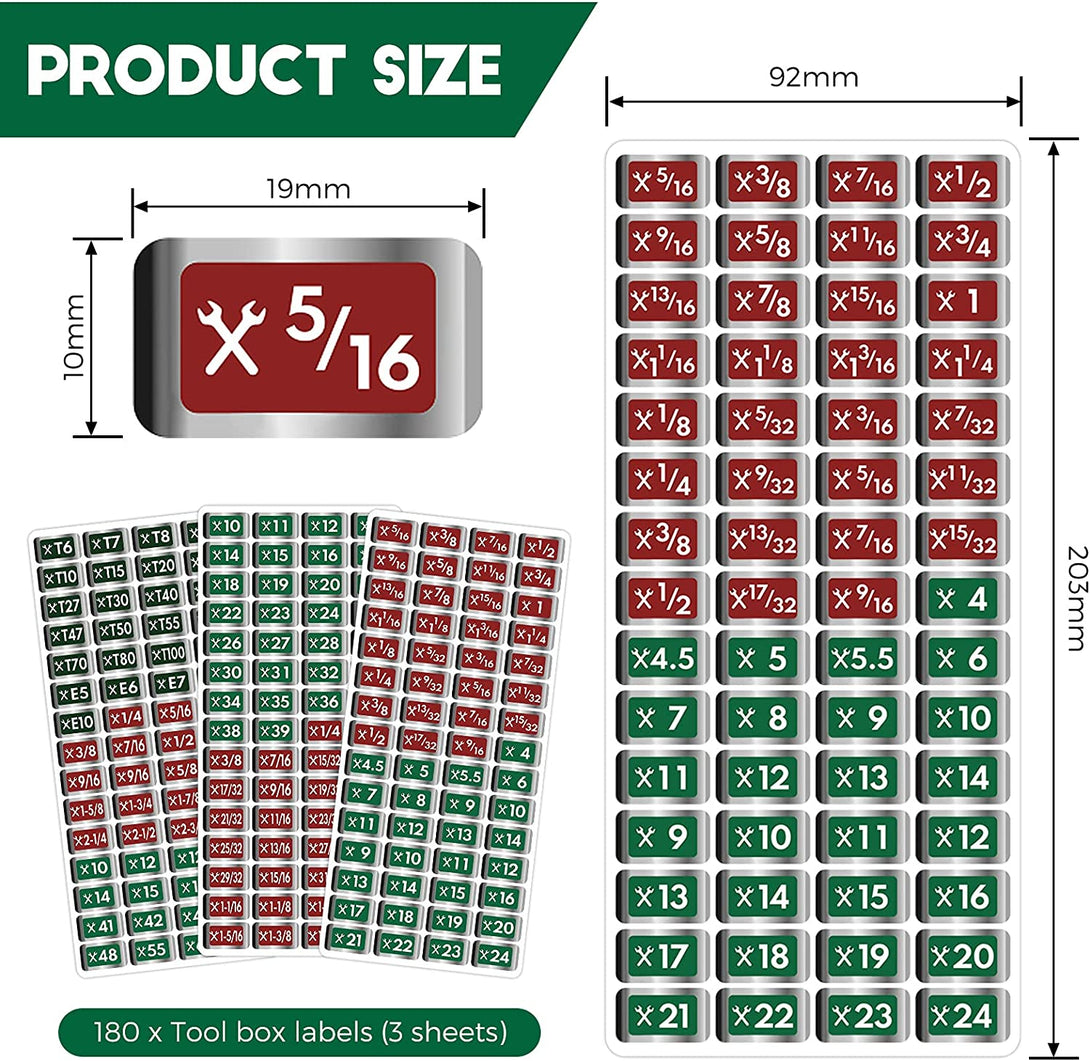 Gersoniel 180 Pcs Tool Box Labels Toolbox Stickers and Decals Label, Wrench Size Labels, Chrome Socket Labels, Socket Size Stickers, Chrome Foil Labeling Set for Socket Sets Tools, 3 Colors