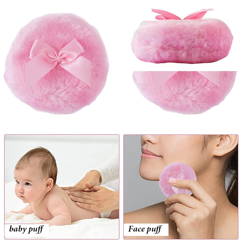 AKOAK 2 Pieces Large Fluffy Powder Puff, 4 "Super Soft Washable Reusable Fluffy Velvet Face Beauty Sponge, Ladies Only, with Bow, for Face and Body, Infants and Adults - Pink