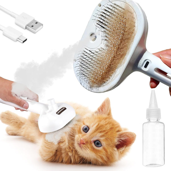 Spritz Defur 3-In-1 Rechargeable Cat Grooming Brush - Steamy Hair Cleanser with Release Button, Self-Cleaning Electric Steamer, USB Port