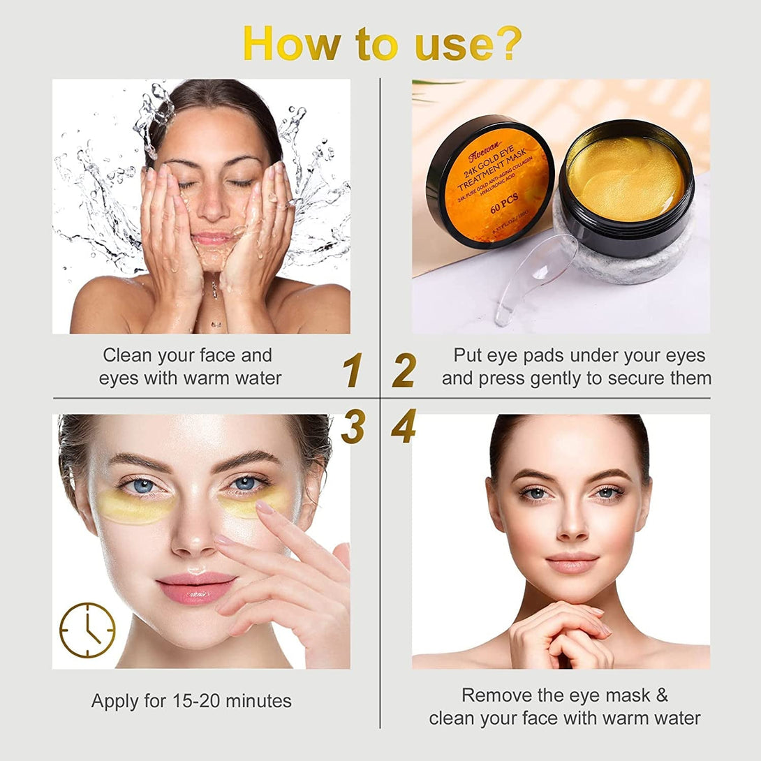 Fivewan 24K Gold under Eye Patches - 60 Pcs Eye Mask Pure Gold Anti-Aging Collagen Hyaluronic Acid under Eye Mask for Removing Dark Circles, Puffiness & Wrinkles Refresh Your Skin