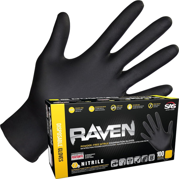 Raven Powder Free Nitrile Disposable Gloves 7 Mil - XL Latex Free, Chemical + Puncture Resistant, Textured Grip, Single Use for Automotive, Industrial, Janitorial, MRO, Food Service 66519