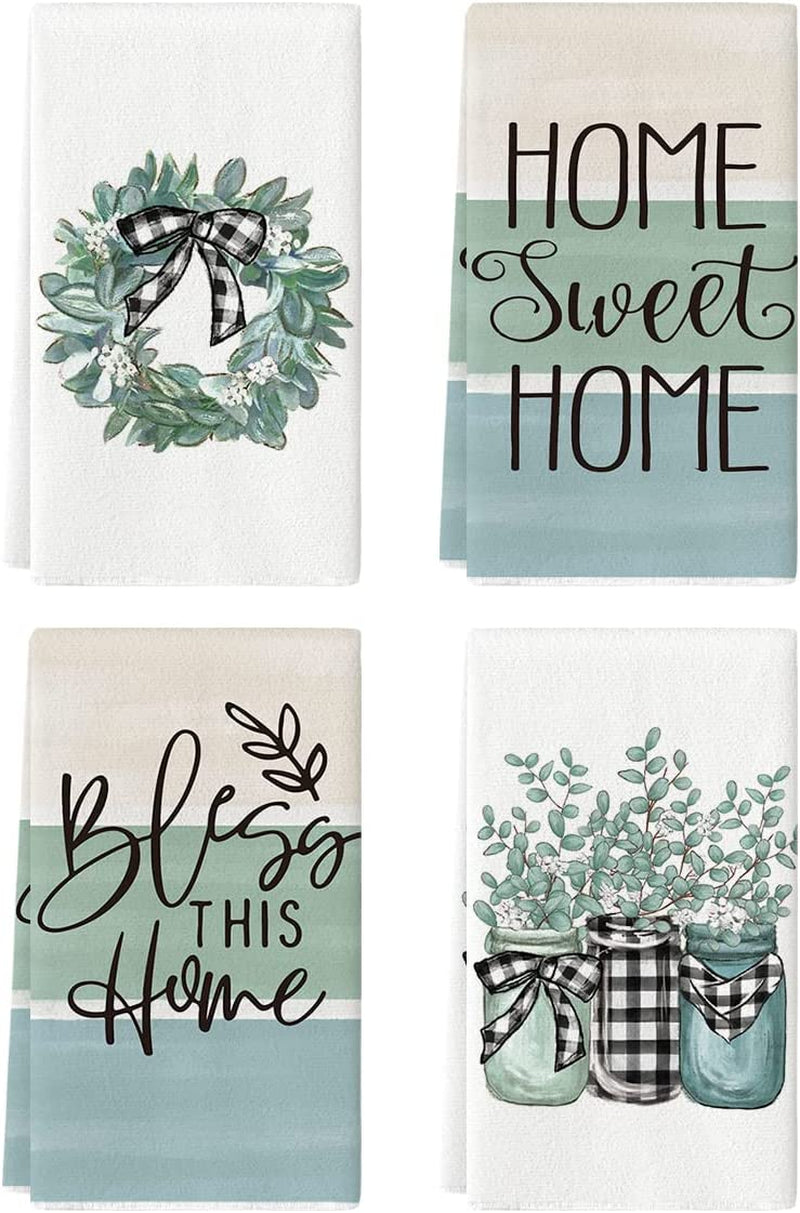 Artoid Mode Eucalyptus Buffalo Plaid Vase Home Sweet Home Kitchen Towels Dish Towels, 18X26 Inch Seasonal Decoration Hand Towels Set of 4