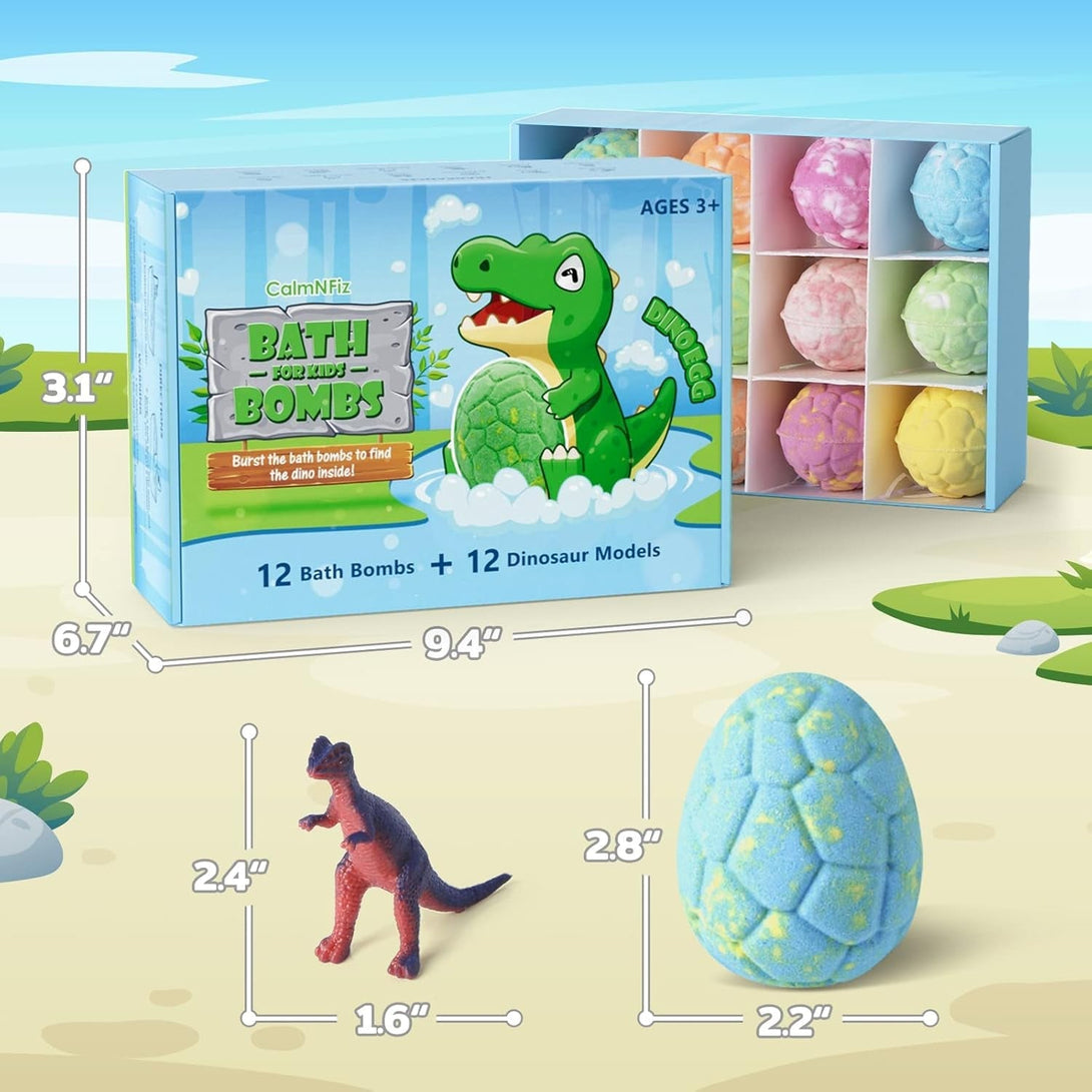 Bath Bombs with Surprise Dinosaur Toys Inside, 12 Pack Organic and Natural Bubble Bath Bombs, Stocking Stuffers for Kids, Bath Bomb Set for Her/Him,Mothers Day Presents for Mom