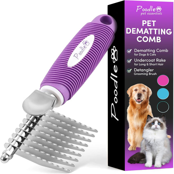 Poodle Dematting Fur Rake Comb Brush for Dogs and Cats - Long 2.5" Steel Safety Blades Metal Comb for Detangling Matted or Knotted Undercoat Hair