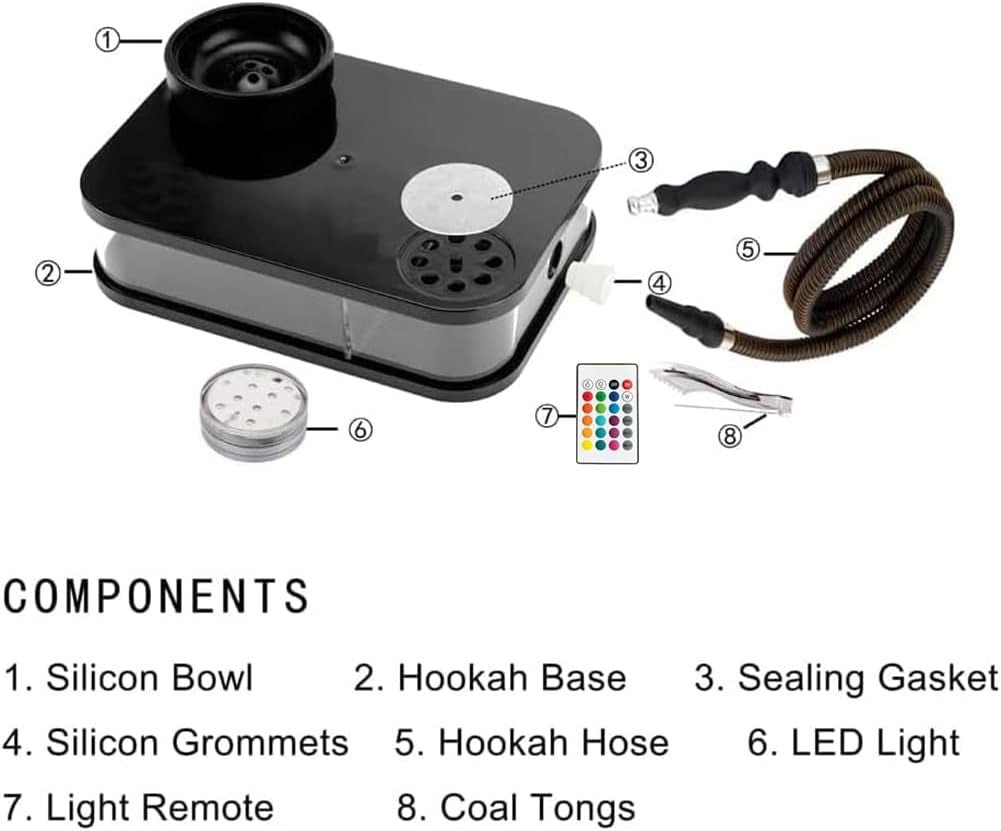 Acrylic Hookah Set Portable Personal Travel Flat Led Hookah Box with Everything Travel Case Silicone Bowl Silk Hookah Hose Tongs Magical LED Light for Better Shisha Hookah Narguile Smoking