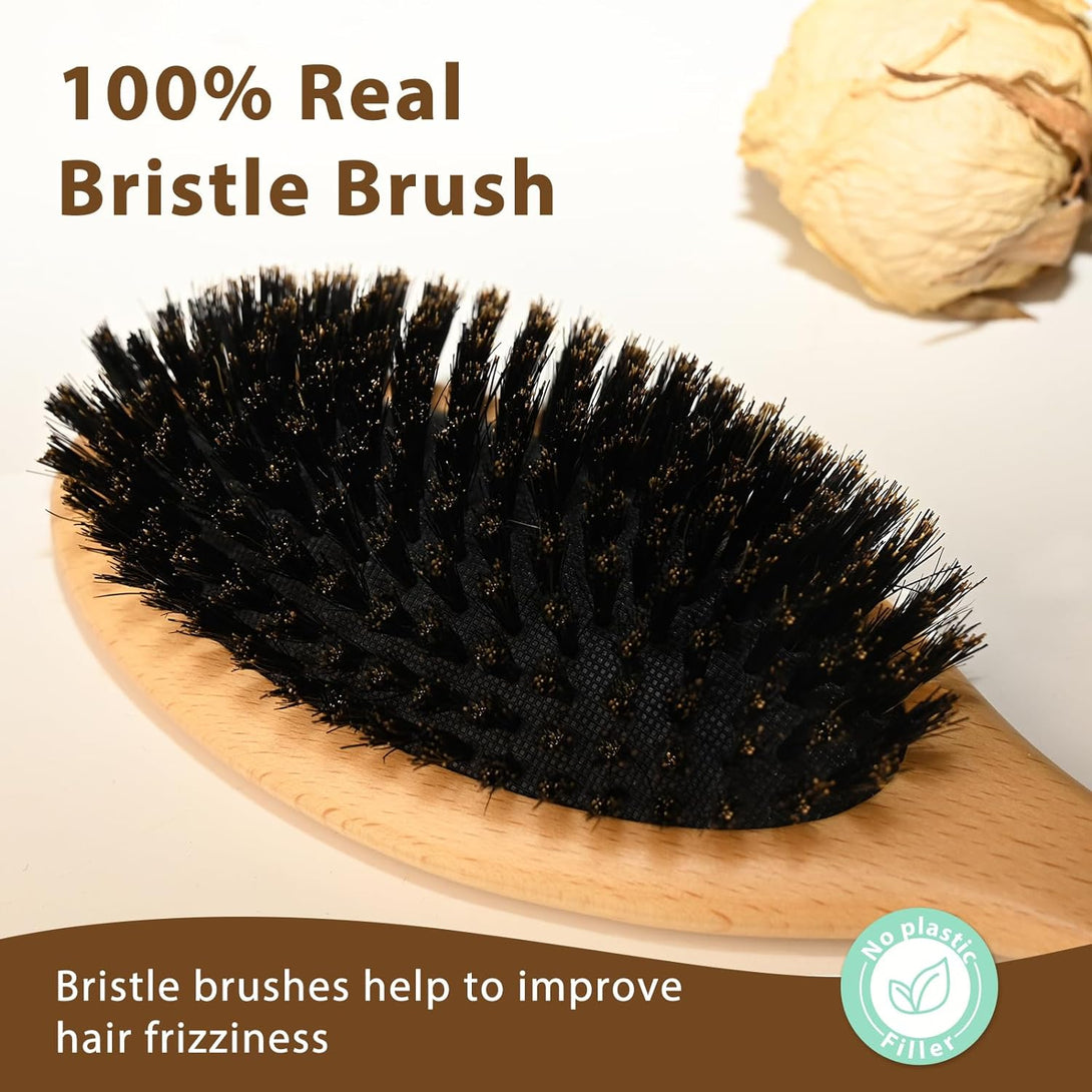 BLACK EGG Boar Bristle Hair Brush for Women Men Kid, Soft Natural Bristles Brush for Thin and Fine Hair, Restore Shine and Texture, Set Includes Bamboo Comb and 3 Hair Ties