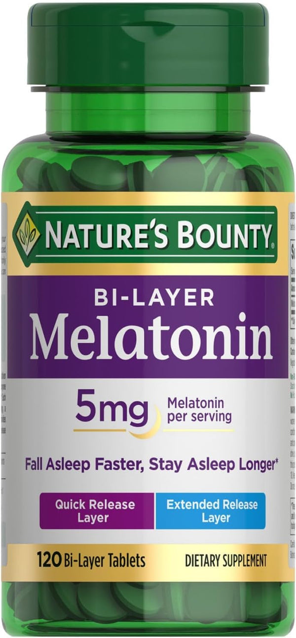 Nature'S Bounty Melatonin 5Mg, 100% Drug Free Sleep Supplements, Quick Release and Extended Release, Promotes Relaxation and Sleep Health, 90 Bi-Layer Tablets