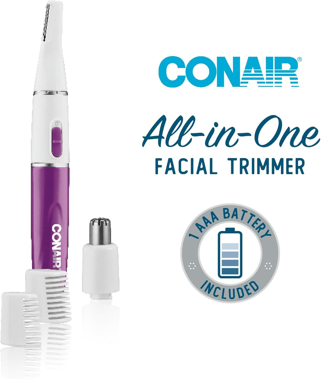 Conair All-In-1 Facial Hair Trimmer for Women, Perfect for Face, Ear/Nose and Eyebrows, Battery-Powered