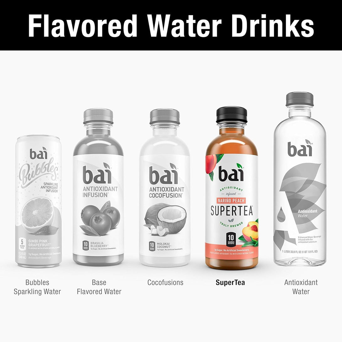 Bai Iced Tea, Narino Peach, Antioxidant Infused Supertea, Crafted with Real Tea (Black Tea, White Tea), 18 Fluid Ounce Bottles, 12 Count
