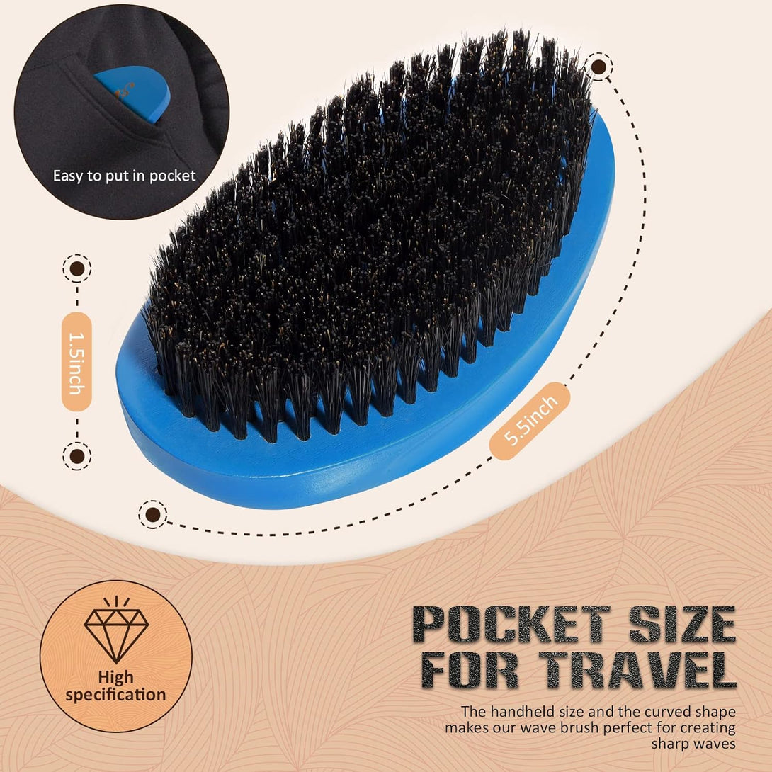 Medium Palm Wave Brush with Pure Black Boar Bristles - for Men'S 360 Waves on Thin and Normal Hair (Blue)