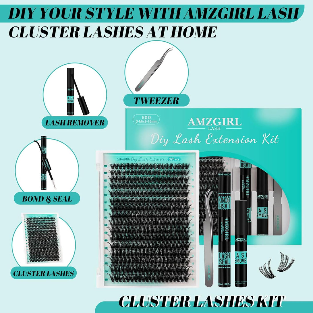 Lash Extension Kit 320Pcs,Diy Individual Lashes Clusters Kit,Lash Bond and Seal,Lash Remover for Eyelashes Extensions,Lash Applicator Tool for False Eyelash Cluster Kit at Home(50D,D-Mix9-16Mm Kit)