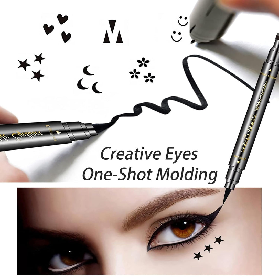 6 Pcs Double-Headed Eyeliner Stamps Set Black Liquid Eye Liner Pen with Star,Moon,Heart,Flower,Smiley,Triangle Stamp Stencils Shapes for Women Makeup Kit Long-Lasting Waterproof Smudgeproof