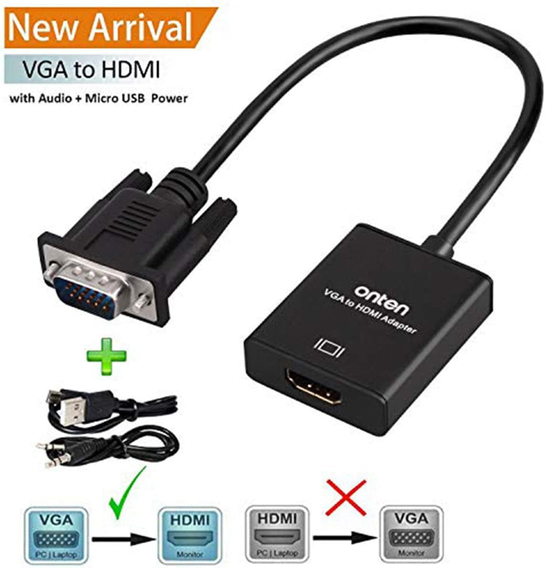 ONTEN VGA to HDMI, 1080P VGA to HDMI Adapter (Male to Female) for Computer, Desktop, Laptop, PC, Monitor, Projector, HDTV with Audio Cable and USB Cable (Black)