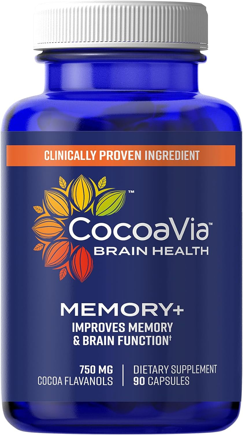 Cocoavia Memory+ Brain Supplement, Clinically Proven Memory and Brain Booster, Plant Based Supplement, Sugar Free, Gluten Free, Vegan, 750 Mg Cocoa Flavanols Capsules, 30 Day Supply