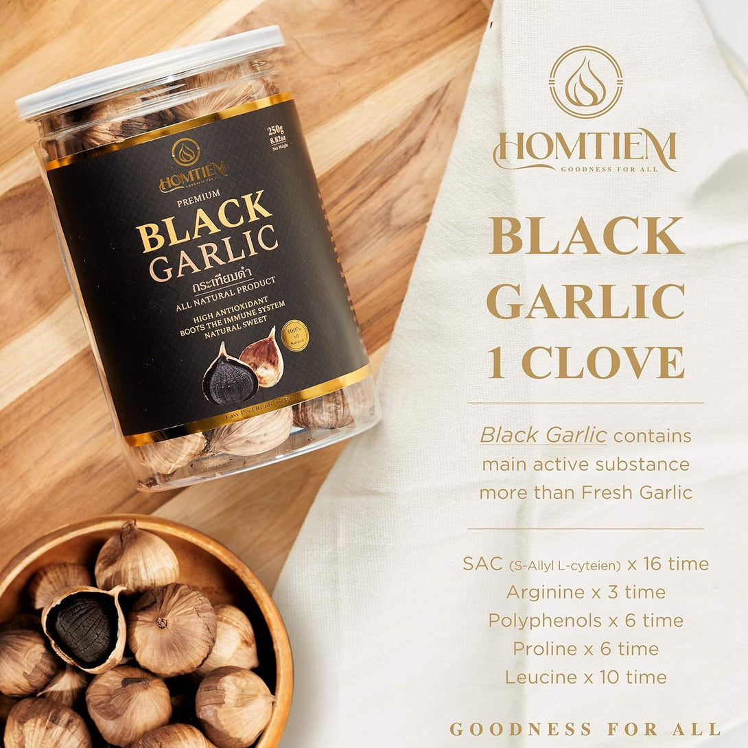 Homtiem Black Garlic 8.82 Oz (250G.), Whole Black Garlic Fermented for 90 Days, Super Foods, Non-Gmos, Non-Additives, High in Antioxidants, Ready to Eat for Snack Healthy, Healthy Recipes