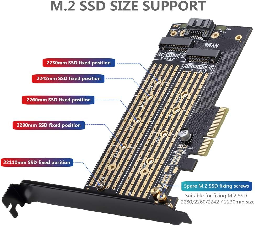 Dual M.2 PCIE Adapter for SATA or PCIE Nvme SSD with Advanced Heat Sink Solution,M.2 SSD NVME (M Key) and SATA (B Key) 22110 2280 2260 2242 2230 to Pci-E X 4 Host Controller Expansion Card