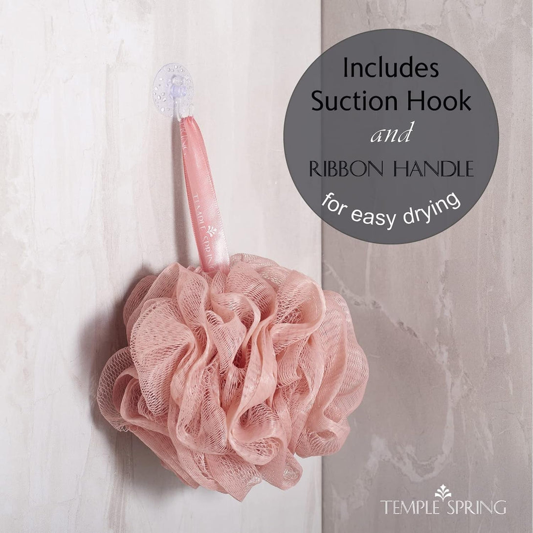 Temple Spring Recycled Luffa Sponges, Bathroom Shower Accessories, Loofa Bath Sponge, Exfoliating Body Scrubber Exfoliator Pouf, Shower Scrubber Puff, Poof, Loofah for Women, Loofah for Men-Coral Pink