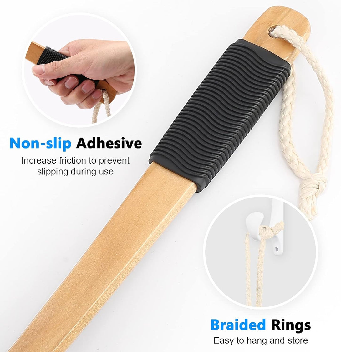 Black Loofah on a Stick PE Soft Mesh Luffa with Non-Slip Wooden Handle Made of Soft and Sturdy Rubber Material Back Scrubber for Shower for Women and Men with String for Easy Hanging