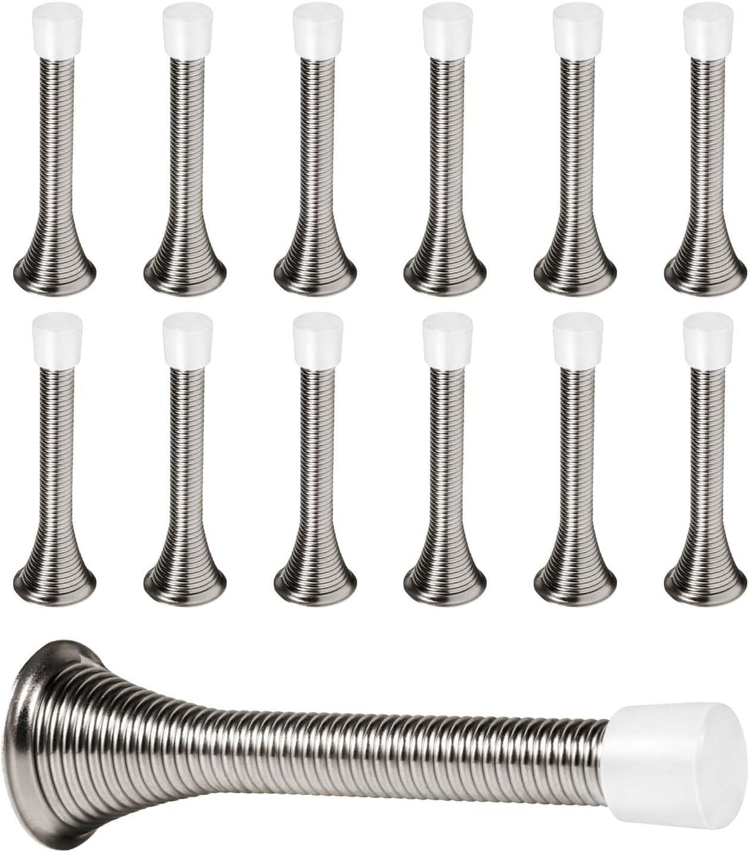 12 Pack Spring Door Stops 3 1/4" Flexible Heavy Duty Spring Door Stopper with Rustproof Screw Rubber Bumper Tips (Satin Nickel)