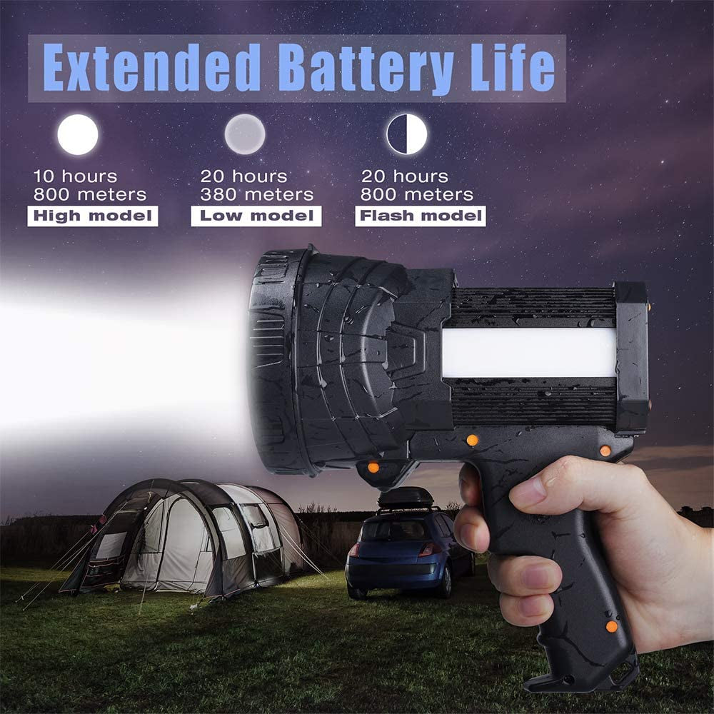 YIERBLUE Rechargeable Spotlight, Super Bright 1000,000 LM LED Flashlight Handheld Spotlight 10000Mah Long Lasting Large Flashlight Searchlight and Flood Camping Flashlight with Foldable Tripod Black