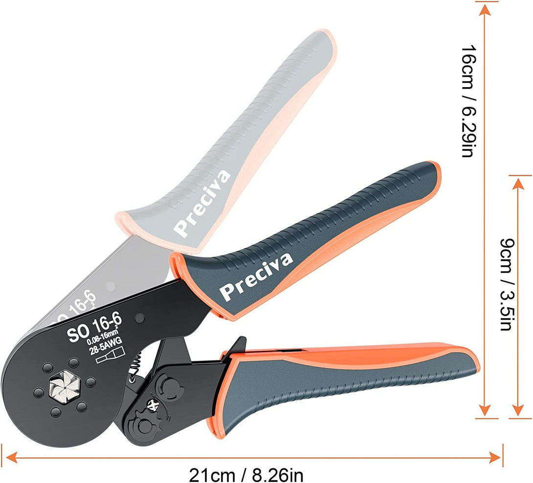 Hexagonal Ferrule Crimper, Preciva 16-6 Hexagonal Jaw Wire Crimping Pliers AWG 28-5 (0.08-16Mm²) Self-Adjustable Ratchat Wire Crimping Tools for Wire Terminals Cables End-Sleeves