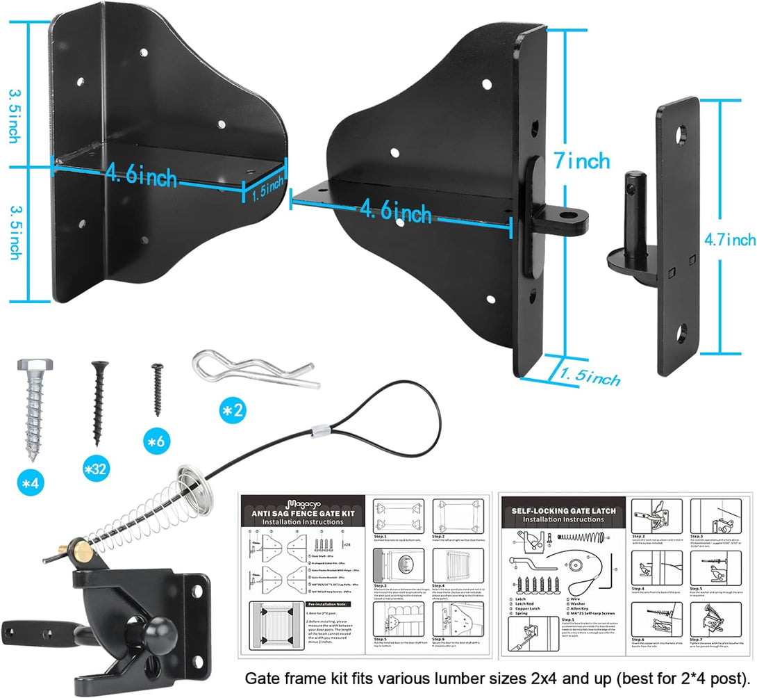 Fence Gate Kit Gate Hardware with Gate Latch - Updated 90 Degree Right Angle Gate Hinges - anti Sag Gate Kit - Gate Corner Brace Bracket (1 Set)